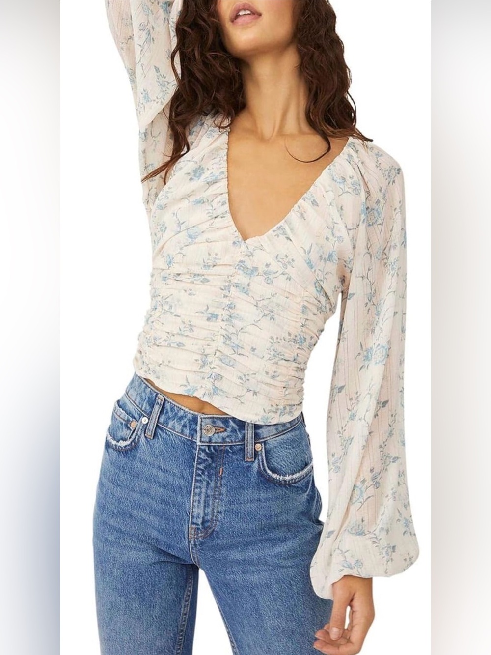 FREE PEOPLE VINTAGE ROSE Ruched V-Neck Long Sleeve Top SIZE SMALL